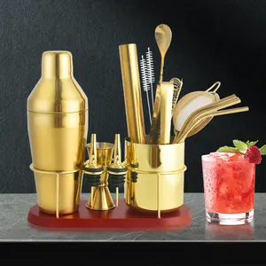 OUYADA Wholesale New Design Kit Stainless Steel Gold Shaker Cocktail Set Bartender Kit Bar Set With Stand Bar Accessories