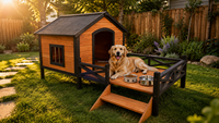 Doppelstöckiges Holz-Haustierhaus mit Dachterrasse, Seitenleiter und Geländer - Outdoor-Hundebett und -Unterstand