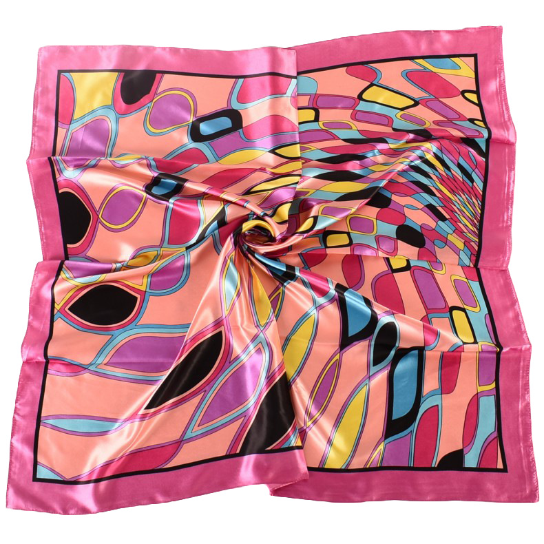 Automne nouveau à venir 90*90cm grand carré géométrique imprimé Satin cheveux Bandana soyeux couleur vive écharpe pour les femmes