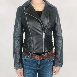 Lamb Nappa Leather Zipper Women Short Leather Biker Jacket Coats Outerwear Casual Jacket For Women