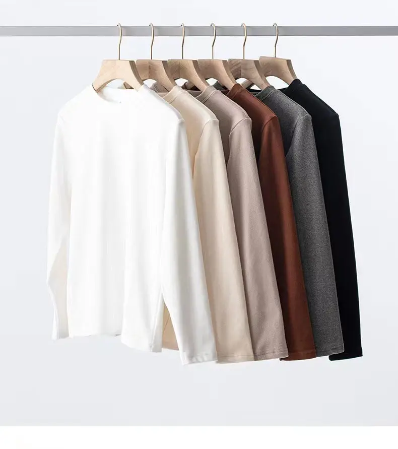 Heavyweight Plush Round Neck Long Sleeve Solid Color Bottom T-Shirt For Men