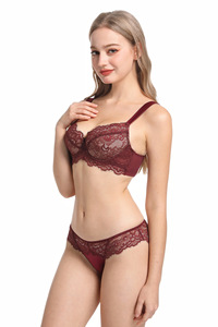 Elegant Burgundy Lace Bra and Panty <b>Set</b> with Underwire and Eyelash Trim French Style Intimates Lingerie <b>Set</b> OEM ODM - Product Image 3