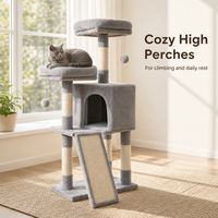 Arbre à chat multi-niveaux en bois avec quatre poteaux à gratter en sisal, deux niches, balles suspendues, carton personnalisé pour grands chats, OEM