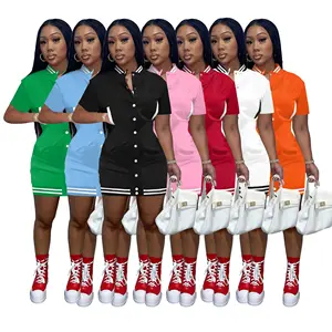 Women's clothing spring/summer short sleeved button up baseball dress sports casual midi lady casual dress for women
