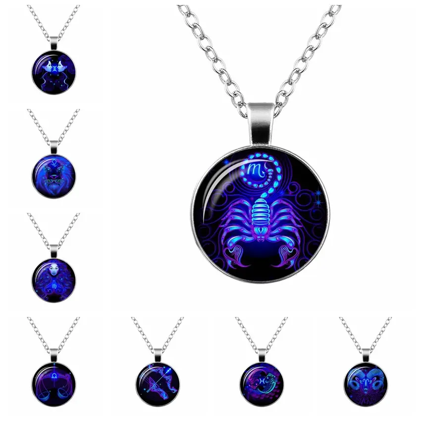 2023 Factory Wholesale Silver Twelve Zodiac Time Gemstone Glass Pendant Necklace