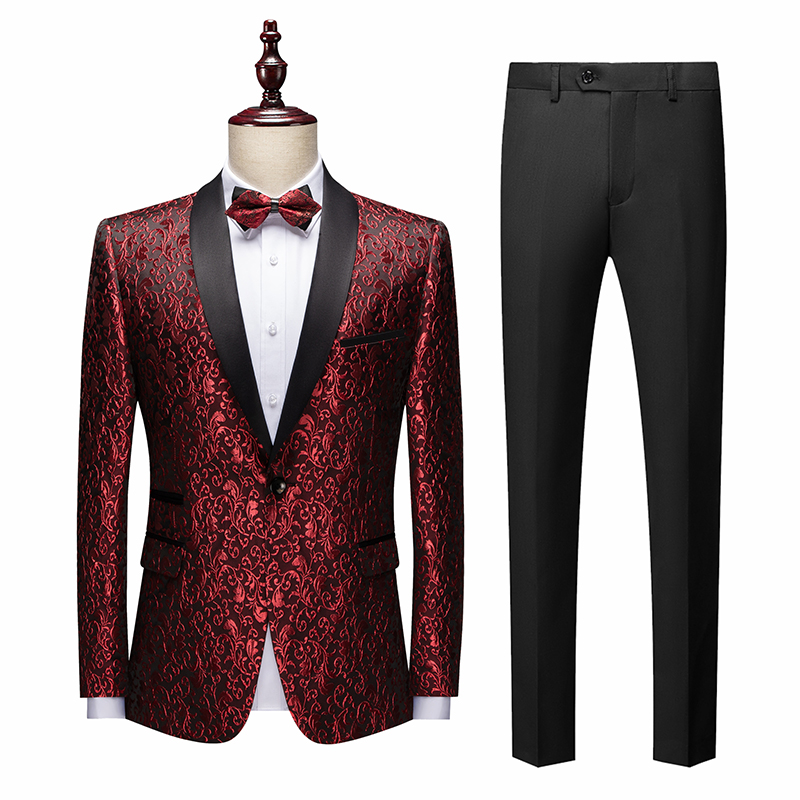 Smoking da uomo motivo floreale giacca Casual Blazer giacca pantaloni neri abiti da sposa per uomo Party Prom maschile Stage Slim Fit Costumes