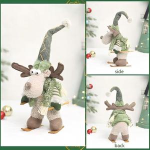 LINGKAI <b>Vintage</b> Green Fabric Christmas Plush Doll Retractable Standing Snowman Elk Figurine Indoor Xmas Table Window Decor - Product Image 6