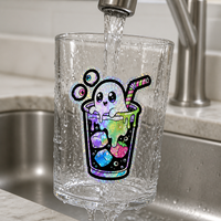 Autocollant personnalisé avec logo de marque, holographique, motif fantôme mignon, dessin animé, imperméable, découpé, pour bouteille d'eau et gobelet