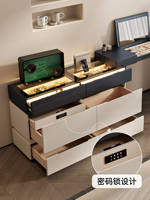 Commode de luxe moderne en noyer à 6 tiroirs, coiffeuse avec plateau rabattable et éclairage LED, meuble de rangement pour bijoux en verre, meuble de chambre à coucher