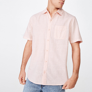 2020 good quality short sleeve men stretch slim 100%cotton linen pink shirts - Product Image 2