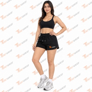 Shorts de sport pour femme Tiierwear, taille haute, avec cordon de serrage, en coton tricoté respirant, couleur unie noir, jambe droite - Product Image 2