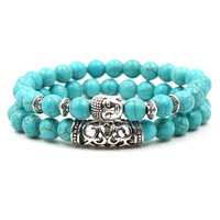 Ensemble de bracelets bohème de 8mm avec chaîne et perles Tête de bouddha en argent Lion Hibou Turquoise Pierre naturelle Motif en forme de boule de haute qualité pour hommes