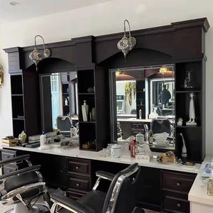 Miroir de barbier rétro, table de salon de <span class=keywords><strong>coiffure</strong></span> en bois avec lampe pour coupe de cheveux, spécialisé pour les salons de <span class=keywords><strong>coiffure</strong></span> masculins - Product Image 4