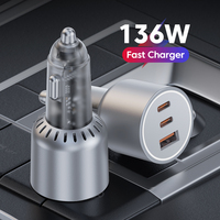 Cargador de Coche USB C Transparente de 136 W, Adaptador de Cargador de Coche Tipo C PD 100 W + PD 36 W Compatible con iPhone, Galaxy, MacBook y Más