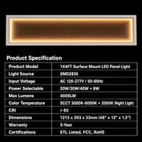 Panneau lumineux LED double mode 1x4FT moderne pour intérieur, montage en surface diffusé, 5CCT + 3500K, 20/30/40W sélectionnables, homologué ETL