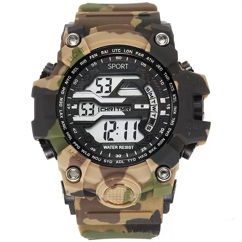 Relógio camuflado com pulseira de silicone, relógio masculino com pulseira camuflada e multifuncional, para esportes ao ar livre, relógio da moda de rua