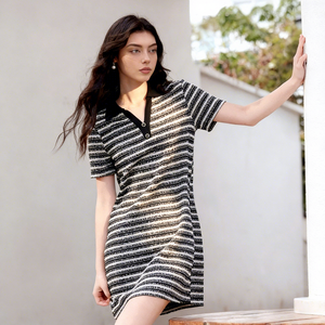 Vintage Striped <strong>Dress</strong> for <strong>Women</strong> Summer New Straight <strong>Dress</strong> with Turn-Down <strong>Collar</strong> Natural Waist Commuter <strong>Dress</strong> - Product Image 1