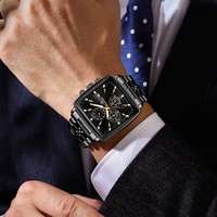 Reloj Deportivo Poedagar 866 para Hombre, Esfera Cuadrada, Cronógrafo de 3 Ojos, Acero Inoxidable, Luminoso, Resistente al Agua, Reloj de Pulsera de Moda