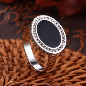 土耳其定制椭圆形玛瑙黑色水晶胶玛瑙戒指石环设计男士cs石纯银925男士戒指