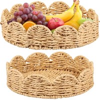 2Pcs Plateau festonné tissé à la main Panier festonné Table Décoratif Papier Corde Tressé Plateau de Service Panier de Rangement Polyvalent