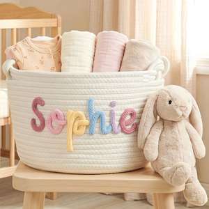 <b>Personalised</b> Woven <b>Basket</b> - Custom Baby Name <b>Basket</b> - Handmade Baby Shower Gift - Nursery Storage Organizer/Toy Bin - Product Image 1