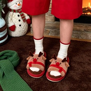 Chaussons d'intérieur en peluche chauds et confortables pour femmes, motif cerf de Noël mignon, antidérapants, automne/hiver - Product Image 1