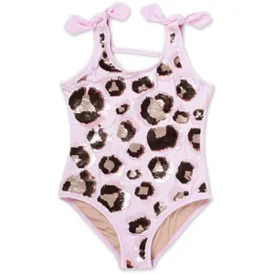 Hochwertige Pailletten-Badeanzug Kleidung Schlinge Leopard Druck Sommer Mädchen-Badeanzug für 2-8 T
