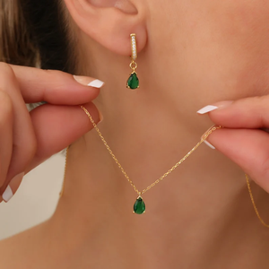 Custom-made Dainty Pear Emerald Necklace &amp; Earrings Set Durable Plating and Shine Stainless Steel Chains <strong>Brand</strong> <strong>Jewelry</strong> <strong>Supply</strong> - Product Image 1