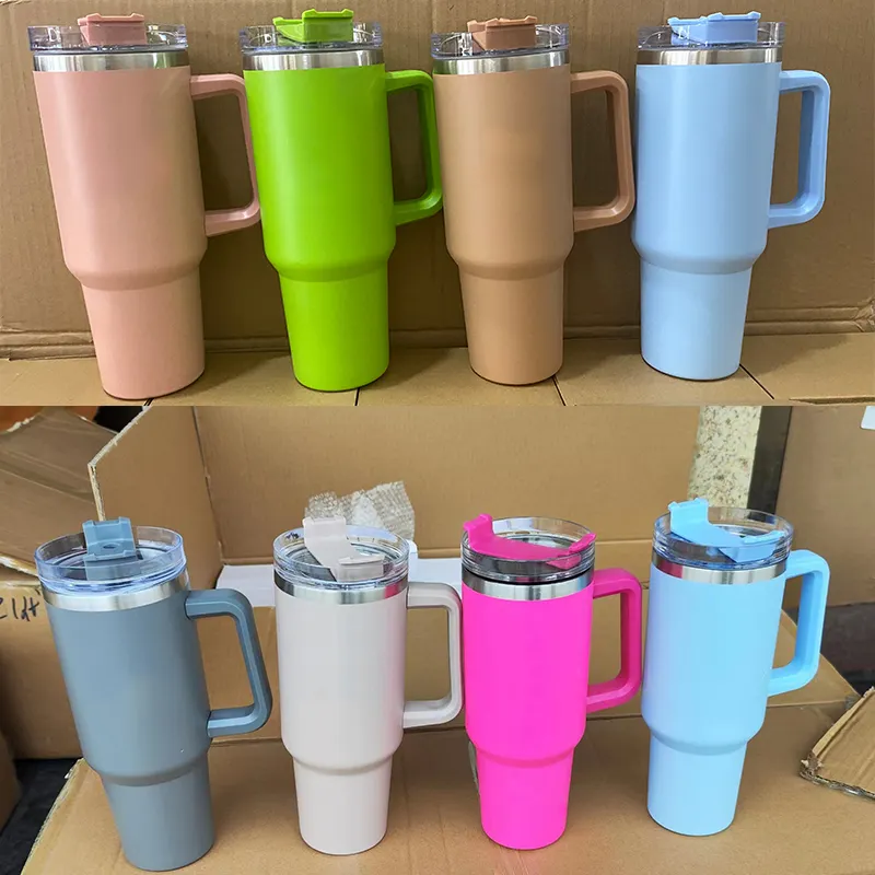 Wholesale eco-friendly lid tea thermal cup coffee thermoses bottle double wall stainless steel Tumbler with handle straw 40oz 30