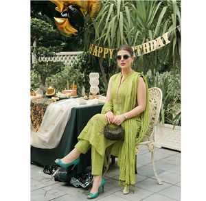 Pistachio Green Cotton Embroidered Kurta Pant Set with Dupatta Quick Dry Wrinkle Free Women's Ethnic Festive Wear - Product Image 3
