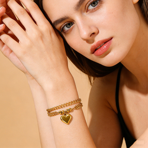 Conjunto de Joyería de Acero Inoxidable Chapado en Oro con Forma de Corazón para Mujer, Marca <span class=keywords><strong>MIOU</strong></span>, con Collar y Pulsera de Cadena Cubana de 4 mm - Product Image 4