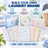Feuilles de lessive imprimées sur mesure OEM ODM, sans plastique, avec motifs, couleurs et parfums variés, en forme de tablettes.