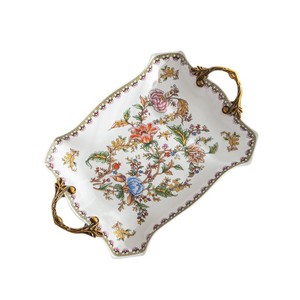 Plateau de service vintage en céramique avec poignées métalliques pour dropshipping Shopify – Plateau rectangulaire pour fruits, décoration de table basse - Product Image 1