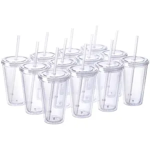 Vaso de doble pared con aislamiento de 12 vasos, Pajita reutilizable y etiquetas de nombre Hello, vasos transparentes con Popote clásico con tapa acrílica, 16 Oz