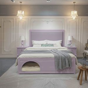 Lit capitonné en bois massif couleur champagne argenté de luxe OE FASHION avec lit pour animaux coulissant intégré, taille King, pour projet hôtelier 40HQ - Product Image 6