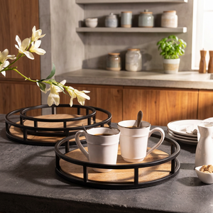 <b>Rustic</b> Round <b>Wooden</b> Decorative Tray Metal Serving Platter Farmhouse Centerpiece for Coffee <b>Table</b> <b>Dining</b> Room Home Decor - Product Image 3