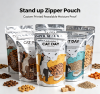 Sachet refermable brillant personnalisé OEM, imprimé, résistant à l'humidité, avec fermeture éclair, pour aliments pour chiens, aliments pour chats, friandises pour animaux, litière pour chats