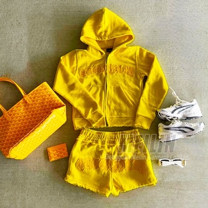 Custom 2 Piece Women Yellow <b>Zip</b> <b>up</b> Hoodie and Short Sets Distress Patch <b>Cropped</b> Hoodies Jogger Set Women Sweat Suit - Product Image 1