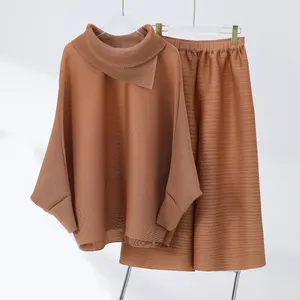 Pleated Clothing Casual Style Loose Plus Size Women 2 Pieces Sets Pleats Wide Leg Pants Set Pleated Shirt And Pants Set