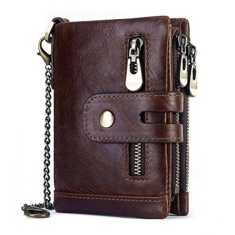 Hot selling Luxury Men's Purse Casual Vintage Genuine Leather Short Double Zippers RFID Wallet For Men