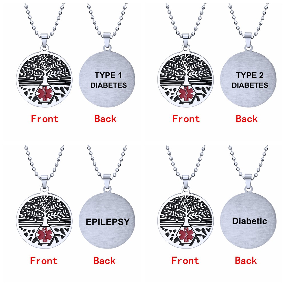 2024 New Custom Cool Life Tree Medical Stainless Steel EPILEPSY Type 1 Diabetes Necklace With Ball Chain