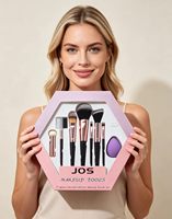 Set Kuas Makeup Grosir 7Pcs dengan Spons Kecantikan Ungu, Kotak Hadiah Heksagonal, Perlengkapan Kuas Kosmetik untuk Hadiah Makeup
