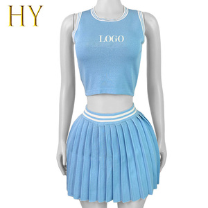 Logo personalizzato 2025 abiti femminili <span class=keywords><strong>estivi</strong></span> <span class=keywords><strong>senza</strong></span> <span class=keywords><strong>maniche</strong></span> in maglia elasticizzata gonna corta in maglia semplice gonna plissettata a due pezzi a coste - Product Image 2