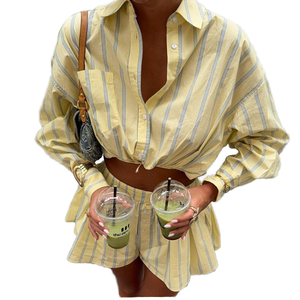 <b>Women's</b> Striped Oxford Shirt Shorts Set Full Sleeve Turn-down Collar Loose Fit Breathable Casual Spring Summer <b>2</b> <b>Piece</b> <b>Outfit</b> - Product Image 1