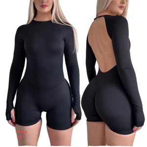 Women Backless Long Sleeve <b>Bodysuit</b> Solid Color Stretchy Seamless Shorts Style Spandex Polyester Crew Neck Full Sleeve - Product Image 3
