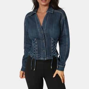Veste en jean décontractée pour femme en coton respirant, avec fermeture à revers bidirectionnelle, boutons décoratifs et effet délavé - Product Image 1
