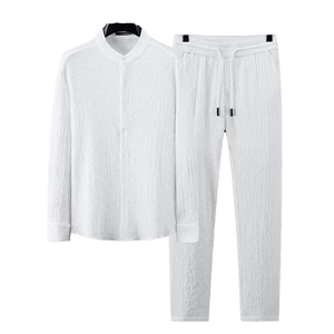 Ensemble Sportif <span class=keywords><strong>Homme</strong></span> Printemps : <span class=keywords><strong>Chemise</strong></span> et <span class=keywords><strong>Pantalon</strong></span> Rayés Plissés à Col Montant en Polyester/Coton, Séchage Rapide, Tricoté Sans Coutures, Thermocollé - Product Image 2
