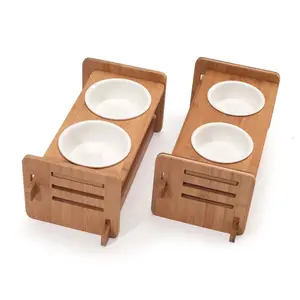 Elevados De Bambu Pet Estação de Mesa Com Duo de Cerâmica Taças Levantadas Anti Deslizamento Inclinado para Cães e Gatos Alimentos Bebida