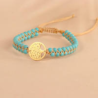 Gelang Batu Alam Lapis Ganda dengan Liontin Pohon Kehidupan, Tenun Tangan Vintage, Perhiasan Energi Penyembuhan