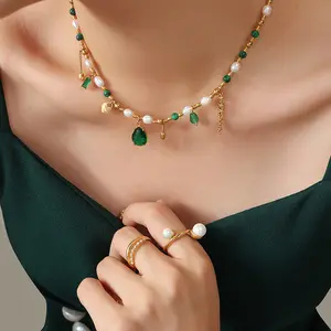 ODM Elegant Fashion Jewelry 18K Gold Stainless Steel Turquoise Green Jade Gemstone Freshwater Pearl Necklace